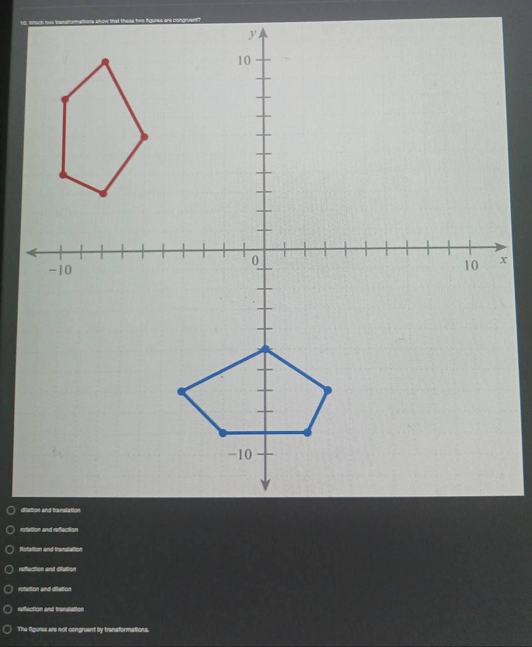 Rotation and translation
reflection and dilation
rotation and dilation
reflection and transiation
The figures are not congruent by transformations.