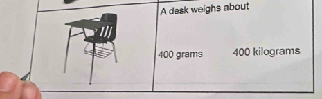 A desk weighs about
400 grams 400 kilograms