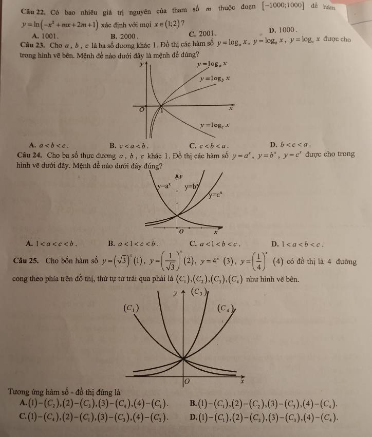 Câu 22, Có bao nhiêu giá trị nguyên của tham số m thuộc đoạn [-1000;1000] để hàm
y=ln (-x^2+mx+2m+1) xác định với mọi x∈ (1;2) ?
A. 1001. B. 2000 . C. 2001 . D. 1000 .
Câu 23. Cho a, b , c là ba số dương khác 1. Đồ thị các hàm số y=log _ax,y=log _bx,y=log _cx được cho
trong hình vẽ bên. Mệnh đề nào dưới đây là mệnh đề đúng?
A. a B. c C. c D. b
Câu 24. Cho ba số thực dương a, b , c khác 1. Đồ thị các hàm số y=a^x,y=b^x,y=c^x được cho trong
hình vẽ dưới đây. Mệnh đề nào dưới đây đúng?
A. 1 B. a<1<c C. a<1<b D. 1
Câu 25. Cho bốn hàm số y=(sqrt(3))^x(1),y=( 1/sqrt(3) )^x(2),y=4^x(3),y=( 1/4 )^x (4) có đồ thị là 4 đường
cong theo phía trên 1 6 thị, thứ tự từ trái qua phải là (C_1),(C_2),(C_3),(C_4) như hình vẽ bên.
Tương ứng hàm số - đồ thị đúng là
A. (1)-(C_2),(2)-(C_3),(3)-(C_4),(4)-(C_1). B. (1)-(C_1),(2)-(C_2),(3)-(C_3),(4)-(C_4).
C. (1)-(C_4),(2)-(C_1),(3)-(C_3),(4)-(C_2). D. (1)-(C_1),(2)-(C_2),(3)-(C_3),(4)-(C_4).