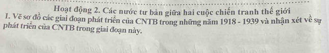 Hoạt động 2. Các nước tư bản giữa hai cuộc chiến tranh thế giới 
1. Về sơ đồ các giai đoạn phát triển của CNTB trong những năm 1918 - 1939 và nhận xét về sự 
phát triển của CNTB trong giai đoạn này.