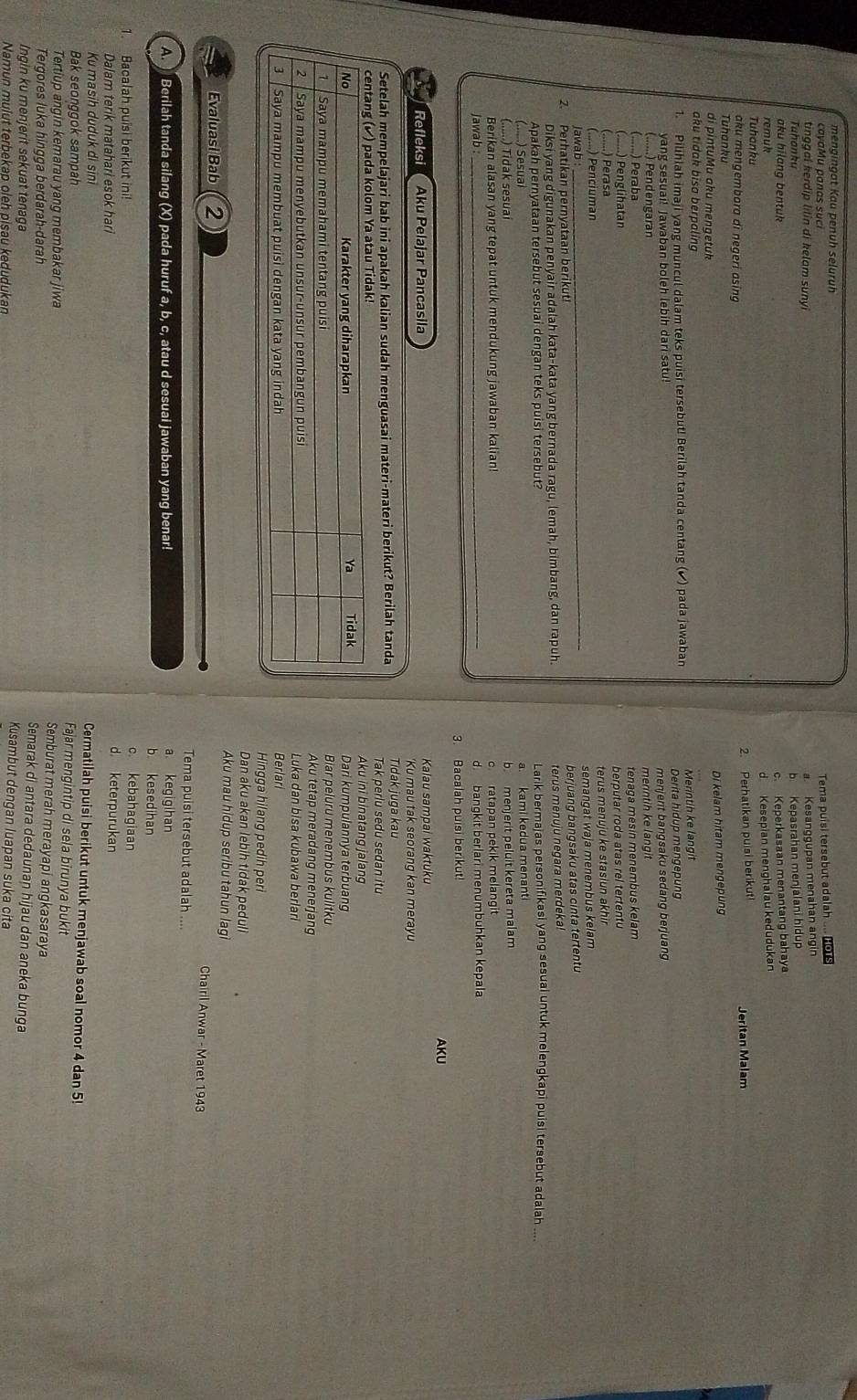 mengingat Kau penuh seluruh
cayaMu panas suci
Tema puísi tersebut adalah .... 0  
tinggal kerdip lılin di kelam sunyi
a. Kesanggupan menahan angin
Tuhanku b Kepasrahan menjalani hidup
aku hilang bentuk
c. Keperkasaan menantang bahay
remuk
d Kesepian menghalau kedudukar
Tuhanku
2. Perhatikan puisi berikut!
aku mengembora di negeri asing Jeritan Malam
Tuhanku
di pintuMu aku mengetuk
Di kelam hitam mengepung
aku tidak bisa berpaling
1. Pilihlah imaji yang muncul dalam teks puisi tersebut! Berilah tanda centang (✔ ) pada jawaban Merintih ke langit
yang sesuai! Jawaban boleh lebih dari satu! Derita hidup mengepung
menjerit bangsaku sedang berjuang
Pendengaran
merintih ke langit
Peraba
Penglihatan tenaga mesin menembus kelam
berputar roda atas rel tertentu
)  Perasa
_
) Penciuman terus menuju ke stasiun akhir
semangat waja menembus kelam
jawab
2. Perhatikan pernyataan berikut!
berjuang bangsaku atas cinta tertentu
Diksi yang digunakan penyair adalah kata-kata yang bernada ragu, lemah, bimbang, dan rapuh.
Apakah pernyataan tersebut sesuai dengan teks puisi tersebut? terus menuju negara merdeka!
Larik bermajas personifikasi yang sesual untuk melengkapi puisi tersebut adalah ....
(......) Sesual
(......) Tidak sesuai b. menjerit peluit kereta malam
Berikan alasan yang tepat untuk mendukung jawaban kalian! c ratapan pekik melangit
Jawab : _d. bangkit berlari menumbuhkan kepala
3. Bacalah puisi berikut!
AKU
Refleksi Aku Pelajar Pancasila Kalau sampai waktuku
'Ku mau tak seorang kan merayu
Tidak juga kau
Setelah mempelajari bab ini apakah kalian sudah menguasai materi-materi berikut? Berilah tanda Tak perlu sedu sedan itu
Aku ini binatang jalang
Dari kumpulannya terbuang
Biar peluru menembus kulitku
Aku tetap meradang menerjang
Luka dan bisa kubawa berlari
Berlari
Hingga hilang pedih per
Dan aku akan lebih tidak peduli
Aku mau hidup seribu tahun lagi
Evaluasi Bab 2
Chairil Anwar - Maret 1943
Tema puisi tersebut adalah ....
a. kegigihan
A. Berilah tanda silang (X) pada huruf a, b, c, atau d sesual jawaban yang benar b kesedihan
c. kebahagiaan
1. Bacalah puisi berikut ini! d. keterpurukan
Dalam terik matahari esok hari
Ku masih duduk di sini
Cermatilah puisi berikut untuk menjawab soal nomor 4 dan 5
Bak seonggok sampah
Fajar mengintip di sela birunya bukit
Tertiup angin kemarau yang membakar jiwa
Semburat merah merayapi angkasaraya
Tergores luka hingga berdarah-darah
Semarak di antara dedaunan hijau dan aneka bunga
Ingin ku menjerit sekuat tenaga Kusambut dengan luapan suka cita
Namun mulüt terbekap oleh pisau kedudukan