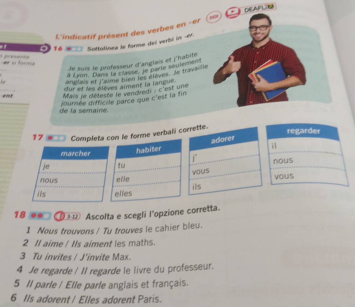 DEAFLIN 
L'indicatif présent des verbes en -er 
DDI
16
Sottolinea le forme dei verbi in -er. 
o presente 
Je suis le professeur d'anglais et j'habite 
-er si forma 
à Lyon. Dans la classe, je parle seulement 
le 
anglais et j'aime bien les élèves. Je travaille 
'' 
dur et les élèves aiment la langue. 
ent 
Mais le déteste le vendredi : c'est une 
iournée difficile parce que c'est la fin 
de la semaine. 
17 regarder 
Completa con le forme verbali corrette. 
adorer 
marcher 
habiter 
il 
j' 
nous 
je 
tu 
vous 
nous elle 
vous 
ils 
ils elles
18
3-12 Ascolta e scegli l’opzione corretta. 
1 Nous trouvons / Tu trouves le cahier bleu. 
2 II aime / IIs aiment les maths. 
3 Tu invites / J'invite Max. 
4 Je regarde / II regarde le livre du professeur. 
5 Il parle / Elle parle anglais et français. 
6 Ils adorent / Elles adorent Paris.