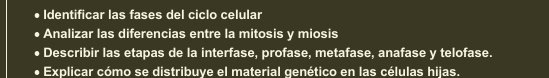 Identificar las fases del ciclo celular 
Analizar las diferencias entre la mitosis y miosis 
Describir las etapas de la interfase, profase, metafase, anafase y telofase. 
Explicar cómo se distribuye el material genético en las células hijas.