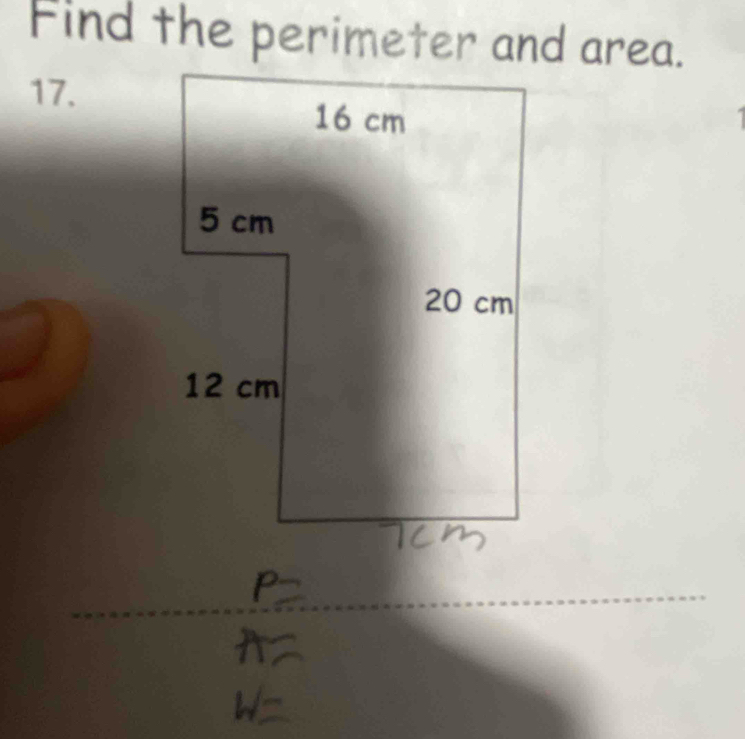 Find the perimeter and area. 
17.