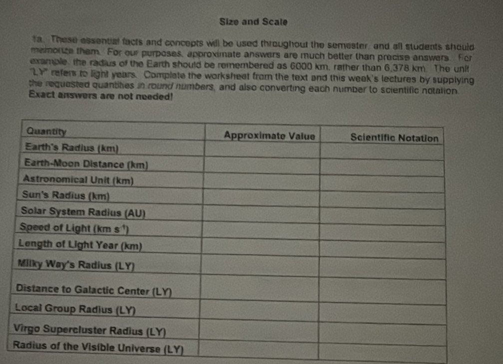 Size and Scale
ta. These essential facts and concepts will be used throughout the semester, and all students should
memonze them. For our purposes, approximate answers are much better than precise answers. For
example the radius of the Earth should be remembered as 6000 km. rather than 6,378 km. The unit
1 Y° refers to light years. Complate the worksheet from the text and this week's lectures by supplying
the requested quantities in round numbers, and also converting each number to scientific notation.
Exact answers are not needed!