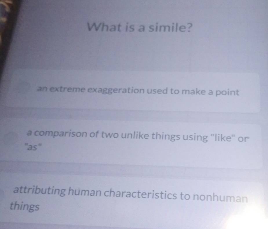 Solved: What is a simile? an extreme exaggeration used to make a point ...