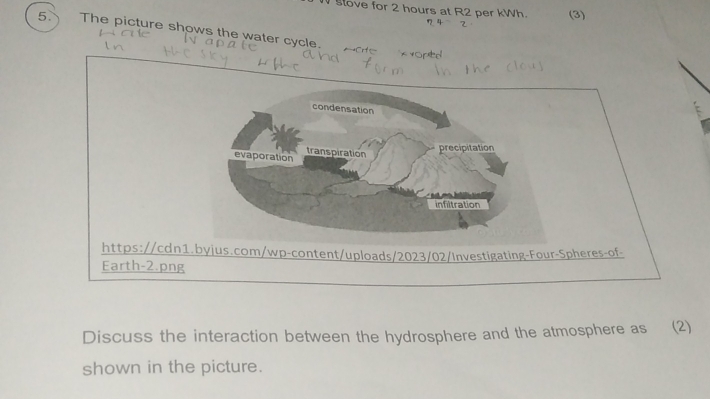 slove for 2 hours at R2 per kWh. (3) 
5. The picture shows the water cycle. 
https://cd 
Earth-2.pn 
Discuss the interaction between the hydrosphere and the atmosphere as (2) 
shown in the picture.