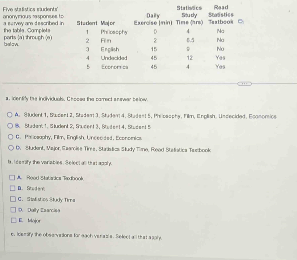 Five statistics students'
anonymous responses to
a survey are described i
the table. Complete
parts (a) through (e)
below.
a. Identify the individuals. Choose the correct answer below.
A. Student 1, Student 2, Student 3, Student 4, Student 5, Philosophy, Film, English, Undecided, Economics
B. Student 1, Student 2, Student 3, Student 4, Student 5
C. Philosophy, Film, English, Undecided, Economics
D. Student, Major, Exercise Time, Statistics Study Time, Read Statistics Textbook
b. Identify the variables. Select all that apply.
A. Read Statistics Textbook
B. Student
C. Statistics Study Time
D. Daily Exercise
E. Major
c. Identify the observations for each variable. Select all that apply.