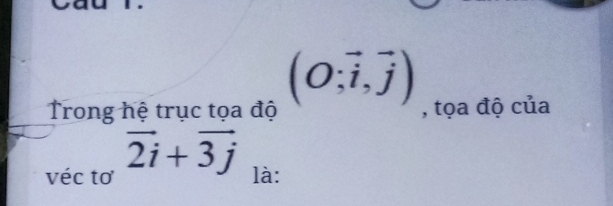 (O;vector i,vector j)
Trong hệ trục tọa độ , tọa độ của 
véc tơ vector 2i+vector 3j
là: