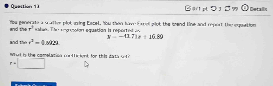 [ 0/1 ptつ 3$ 99 Details 
You generate a scatter plot using Excel. You then have Excel plot the trend line and report the equation 
and the r^2 value. The regression equation is reported as
y=-43.71x+16.89
and the r^2=0.5929. 
What is the correlation coefficient for this data set?
r=□