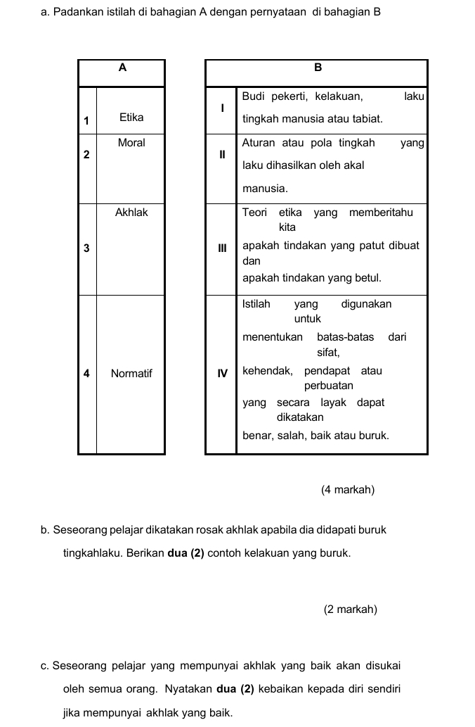 Padankan istilah di bahagian A dengan pernyataan di bahagian B 




(4 markah) 
b. Seseorang pelajar dikatakan rosak akhlak apabila dia didapati buruk 
tingkahlaku. Berikan dua (2) contoh kelakuan yang buruk. 
(2 markah) 
c. Seseorang pelajar yang mempunyai akhlak yang baik akan disukai 
oleh semua orang. Nyatakan dua (2) kebaikan kepada diri sendiri 
jika mempunyai akhlak yang baik.