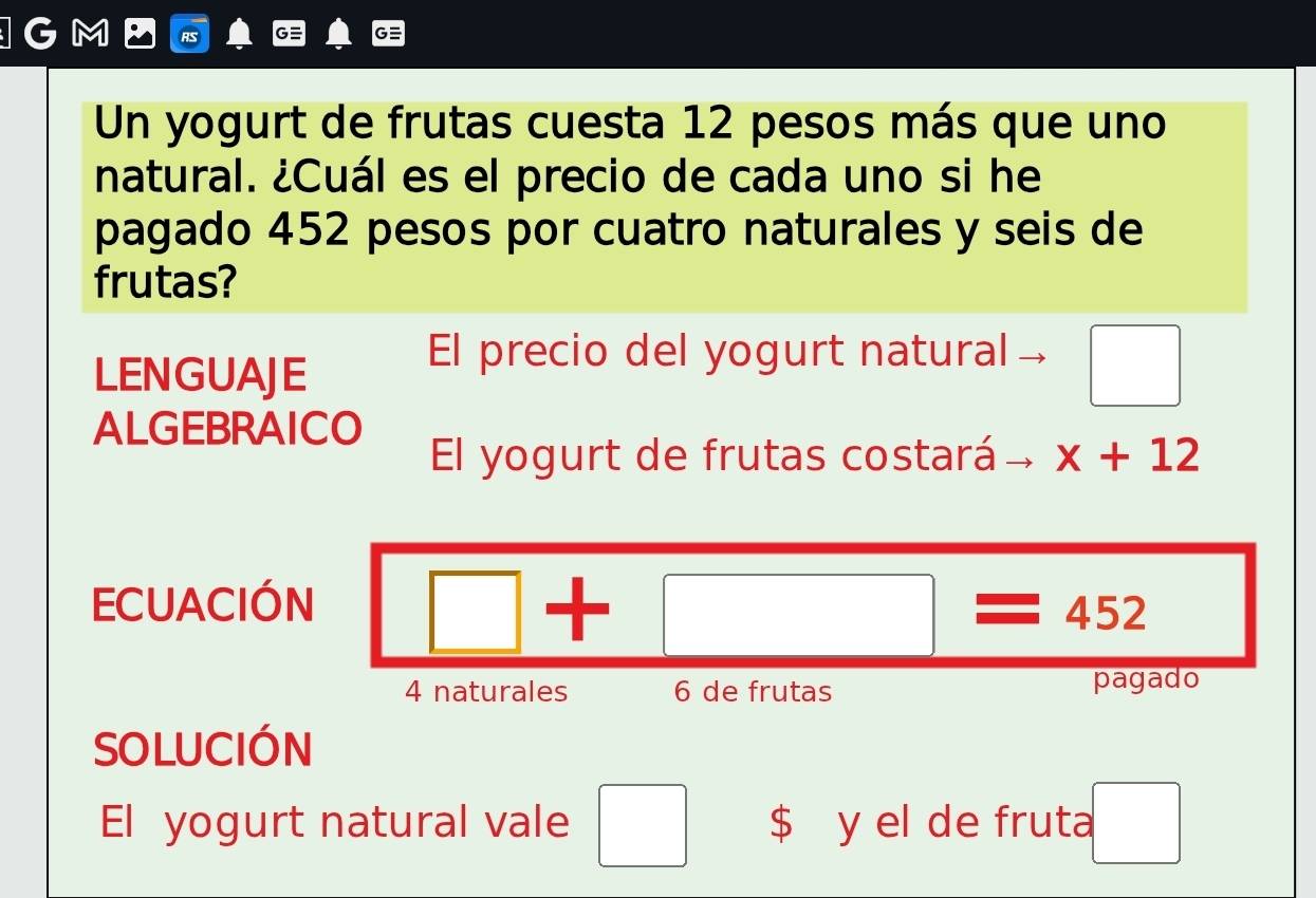 Un yogurt de frutas cuesta 12 pesos más que uno 
natural. ¿Cuál es el precio de cada uno si he 
pagado 452 pesos por cuatro naturales y seis de 
frutas? 
El precio del yogurt natural 
LENGUAJE □ 
ALGEBRAICO El yogurt de frutas costará I x+12
ECUACIÓN □ +□ =452
4 naturales 6 de frutas pagado 
SOLUCIÓN 
El yogurt natural vale $ y el de fruta □ 