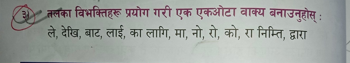 ३) तलका विभक्तिहरू प्रयोग गरी एक एकओटा वाक्य बनाउनुहोस्: 
ले, देखि, बाट, लाई, का लागि, मा, नो, रो, को, रा निम्ति, द्वारा