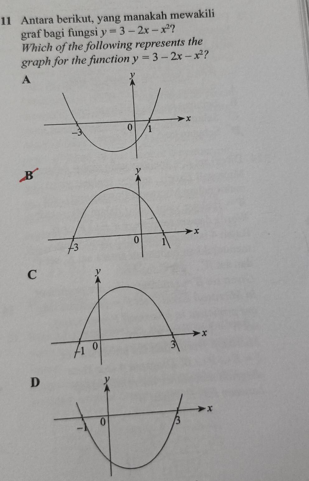 Antara berikut, yang manakah mewakili
graf bagi fungsi y=3-2x-x^2 ?
Which of the following represents the
graph for the function y=3-2x-x^2 ?
A
B
C
D