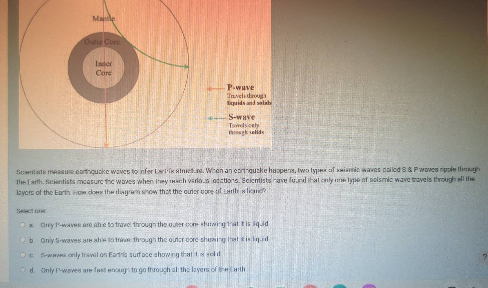 Scientists measure earthquake waves to infer Earth's structure. When an earthquake happens, two types of seismic waves called S & P waves ripple through
the Earth. Scientists measure the waves when they reach various locations. Scientists have found that only one type of seismic wave travels through all the
layers of the Earth. How does the diagram show that the outer core of Earth is liquid?
Select one:
a. Only P -waves are able to travel through the outer core showing that it is liquid.
b. Only S-waves are able to travel through the outer core showing that it is liquid.
c. S-waves only travel on Earth's surface showing that it is solid.
?
d. Only P -waves are fast enough to go through all the layers of the Earth.