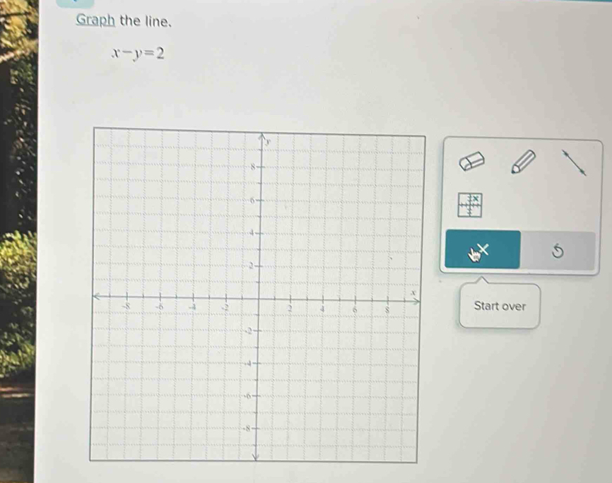 Graph the line.
x-y=2
Start over