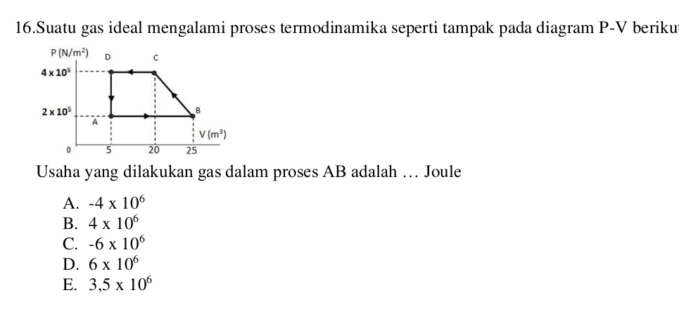 Suatu gas ideal mengalami proses termodinamika seperti tampak pada diagram P-V beriku
Usaha yang dilakukan gas dalam proses AB adalah … Joule
A. -4* 10^6
B. 4* 10^6
C. -6* 10^6
D. 6* 10^6
E. 3,5* 10^6