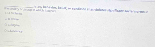 is any behavior, belief, or condition that violates significant social norms in
the society or group in which it occurs.
A. Violence
B. Crime
c. Stigma
o. Deviance