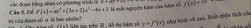 các đoạn bằng nhau có phương trình là x+ay+bz-c-
Câu 5. Để F(x)=ax^3+(3a+2)x^2-4x+3 là một nguyên hàm của hàm số f(x)=3x+
f(x) liệên tục trên R , đồ thị hàm số y=f'(x) như hình vẽ sau. Biết diện tích các 
trị của tham số a là bao nhiêu? 
4 là nhân số