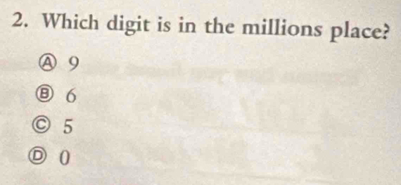 Which digit is in the millions place?
Ⓐ 9
⑧ 6
◎ 5
Ⓓ 0