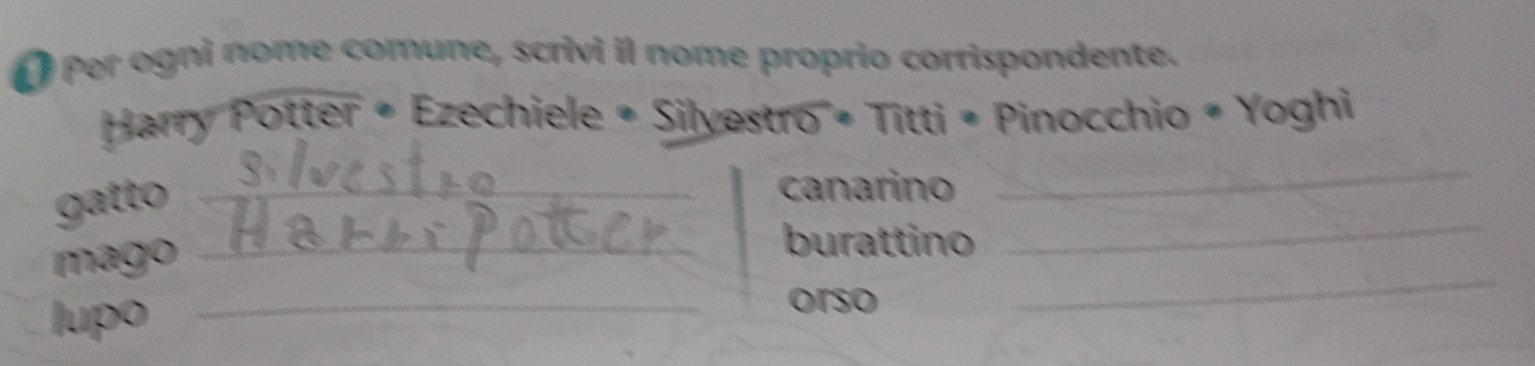 Per ogni nome comune, scrivi il nome proprio corrispondente. 
Harry Potter • Ezechiele • Silyestro • Titti • Pinocchio • Yoghi 
_ 
_ 
gatto_ 
canarino 
_ 
mago_ 
burattino 
lupo 
_orso