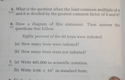 What is the quotient when the least common multiple of 4
[6,27 and 6 is divided by the greatest common factor of 4 and 6? 
6. Draw a diagram of this statement. Then answer the 
z) questions that follow. 
Eighty percent of the 80 trees were infested. 
(a) How many trees were infested? 
(b) How many trees were not infested? 
7. (a) Write 405,000 in scientific notation. 
(51) 
(b) Write 0.04* 10^5 in standard form.