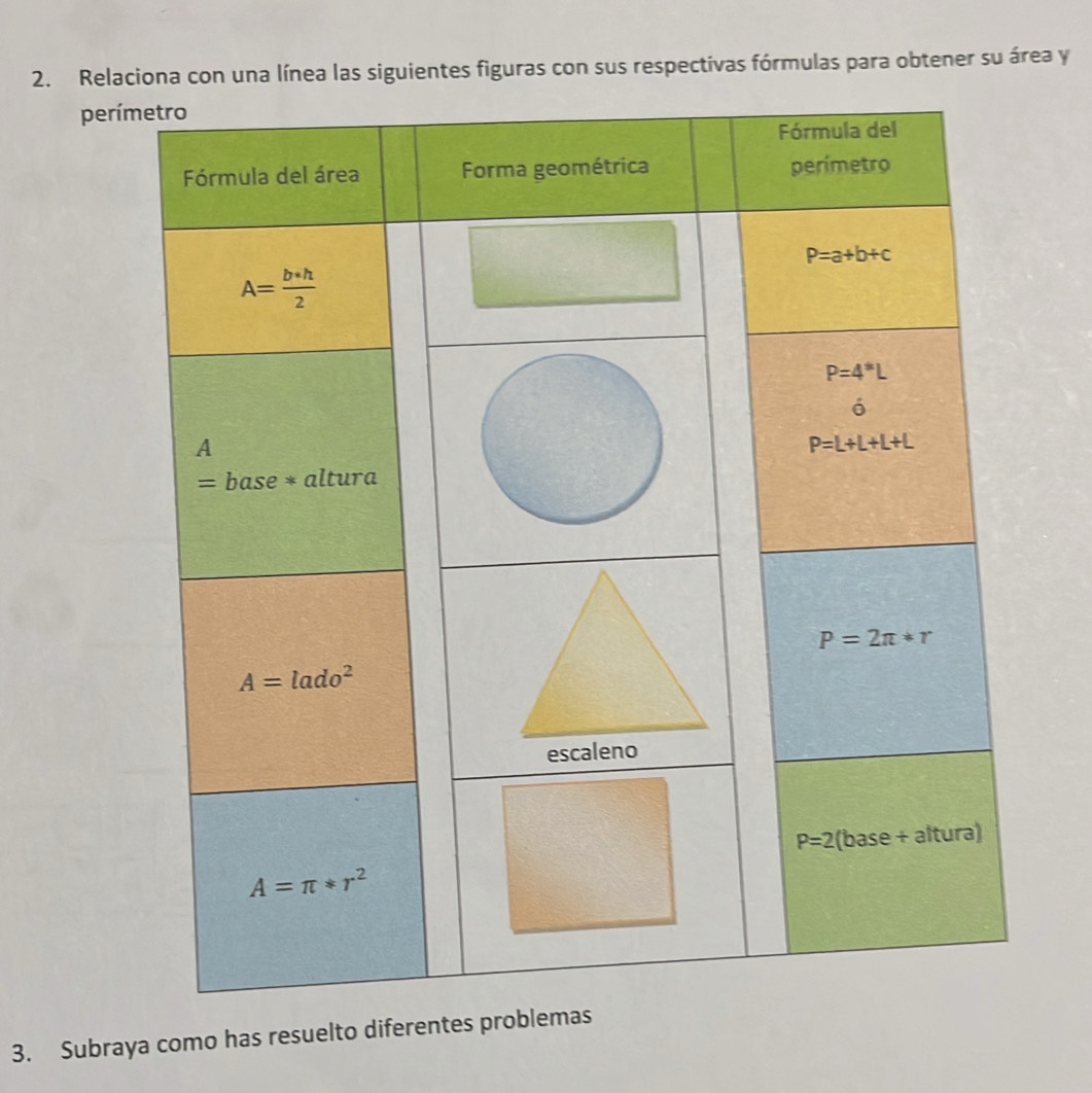 Relaciona con una línea las siguientes figuras con sus respectivas fórmulas para obtener su área y
perí
3. Subraya como has resuelto diferentes pro