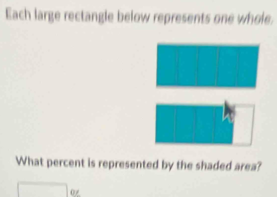 Each large rectangle below represents one whole 
What percent is represented by the shaded area? 
0/