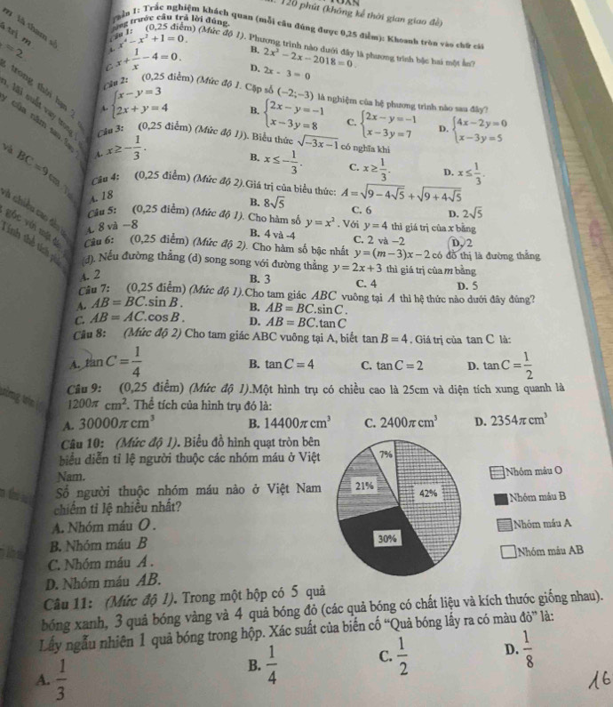 120 phút (không kể thời gian giao đề)
trị m C ầ  1: tong trước câu trả lời đúng
Trầu 1: Trắc nghiệm khách quan (mỗi câu đúng được 0,25 điểm): Khoanh tròn vào chữ cá
x^4-x^2+1=0.
# là tham sĩ beginarrayl x-y=3 2x+y=4endarray.
(0,25 điễm) (Mức độ 1). Phương trình nào dưới đây là phương trình bậc hai một ln
B. 2x^2-2x-2018=0
=2 x+ 1/x -4=0. D. 2x-3=0
C
trong thài hạn 2
Cầu 2: (0,25 điểm) (Mức độ 1. Cặp số (-2;-3) là nghiệm của hệ phương trình nào sau đây?
A
Mi suất vay trong
B. beginarrayl 2x-y=-1 x-3y=8endarray. C. D.
của năm tao lạ A. x≥ - 1/3 .
Cầu 3: (0,25 điễm) (Mức độ 1)). Biểu thức sqrt(-3x-1) có nghĩa khi
và      
Câu 4; beginarrayl 2x-y=-1 x-3y=7endarray. beginarrayl 4x-2y=0 x-3y=5endarray.
B. x≤ - 1/3 . C. x≥  1/3 . D. x≤  1/3 .
BC=9 (0,25 điểm) (Mức độ 2).Giá trị của biểu thức: A=sqrt(9-4sqrt 5)+sqrt(9+4sqrt 5)
A. 18
B. 8sqrt(5)
C. 6 D. 2sqrt(5)
Câu 5: (0,25 điểm) (Mức độ 1). Cho hàm số y=x^2
4 8 và −8 . Với y=4 thì giá trị của x bǎng
góc với một di Câu 6: (0,25 điểm) (Mức độ 2). Cho hàm số bậc nhất y=(m-3)x-2 có đồ thị là đường thắng
B. 4 và -4 C. 2va-2 D, 2
à  chiều ca  d  Tính thể tích gh d). Nếu đường thẳng (d) song song với đường thẳng y=2x+3 thì giá trị của m bằng
A. 2
B. 3 C. 4 D. 5
Câu 7: (0,25 điểm) (Mức độ 1).Cho tam giác ABC vuông tại A thì hệ thức nào dưới đây đùng?
A. AB=BC sin B . B. AB=BC.sin C.
C. AB=AC cos B . D. AB=BC.tan C
Cầu 8: (Mức độ 2) Cho tam giác ABC vuông tại A, biết
A. tan C= 1/4  tan B=4. Giá trị của tan C là:
B. tan C=4 C. tan C=2 D. tan C= 1/2 
Câu 9: (0,25 điểm) (Mức độ 1).Một hình trụ có chiều cao là 25cm và diện tích xung quanh là
ưừng tên . Thể tích của hình trụ đó là:
1200π cm^2
A. 30000π cm^3 B. 14400π cm^3 C. 2400π cm^3 D. 2354π cm^3
Câu 10: (Mức độ 1). Biểu đồ hình quạt tròn bên
biểu diễn tỉ lệ người thuộc các nhóm máu ở Việt
Nam.
Nhóm mâu O
Số người thuộc nhóm máu nào ở Việt Nam
a th s Nhóm máu B
chiếm tỉ lệ nhiều nhất?
A. Nhóm máu O .Nhóm máu A
the
B. Nhóm máu B 
C. Nhóm máu A .Nhóm mâu AB
D. Nhóm máu AB.
Câu 11: (Mức độ l). Trong một hộp có 5 quả
bóng xanh, 3 quả bóng vàng và 4 quả bóng đỏ (các quả bóng có chất liệu và kích thước giống nhau).
Lấy ngẫu nhiên 1 quả bóng trong hộp. Xác suất của biến cố “Quả bóng lấy ra có màu đỏ” là:
D.
A.  1/3 
B.  1/4   1/2   1/8 
C.