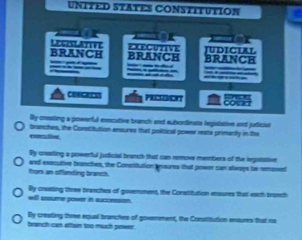 UNITED STATES CONSTITUTION
LEGISLATIVE EXECUTIVE JUDICIAL
BRANCH BRANCH BRANCH
d go A g o A o 
d = 
C PHACLUNT Nom
By crestling a powerful execative branch and subordinate (egislative and judicial
branches, the Constitution ansures that political powet rests primerly in the
embcfime .
By creating a powerful judicial brunch that can remove members of the legatiative
and evecative bunchen, the Constitution queures that power can always be removed
hom un affending branch.
By cresting thee branches of goverment, the Constitution ensures tast each brasch
will se power in succeso .
By creating three equal branctes of government, the Constitution ensures that uo
branch car after too much power.