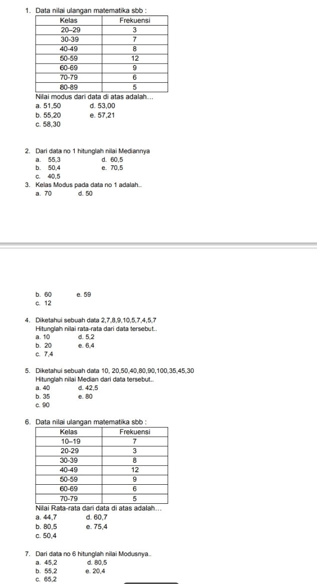 Data nilai ulangan matematika sbb :
Nilai modus dari data di atas adalah...
a. 51, 50 d. 53, 00
b. 55, 20 e. 57, 21
c. 58, 30
2. Dari data no 1 hitunglah nilai Mediannya
a. 55, 3 d. 60, 5
b. 50, 4 e. 70, 5
c. 40, 5
3. Kelas Modus pada data no 1 adalah..
a. 70 d. 50
b. 60 e. 59
c. 12
4. Diketahui sebuah data 2, 7, 8, 9, 10, 5, 7, 4, 5, 7
Hitunglah nilai rata-rata dari data tersebut..
a. 10 d. 5, 2
b. 20 e. 6, 4
c. 7, 4
5. Diketahui sebuah data 10, 20, 50, 40, 80, 90, 100, 35, 45, 30
Hitunglah nilai Median dari data tersebut.
a. 40 d. 42, 5
b. 35 e. 80
c. 90
6. Data nilai ulangan matematika sbb :
a. 44, 7 d. 60, 7
b. 80, 5 e. 75, 4
c. 50, 4
7. Dari data no 6 hitunglah nilai Modusnya..
a. 45, 2 d. 80, 5
b. 55, 2 e. 20, 4
c. 65, 2