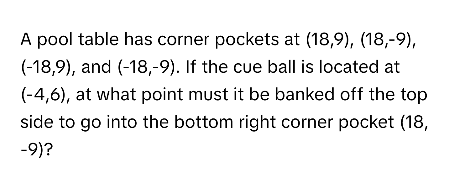 A pool table has corner pockets at (18,9), (18,-9), (-18,9), and (-18,-9). If the cue ball is located at (-4,6), at what point must it be banked off the top side to go into the bottom right corner pocket (18, -9)?