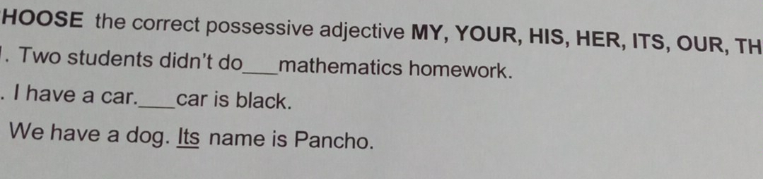 HOOSE the correct possessive adjective MY, YOUR, HIS, HER, ITS, OUR, TH 
. Two students didn't do_ mathematics homework. 
. I have a car._ car is black. 
We have a dog. Its name is Pancho.