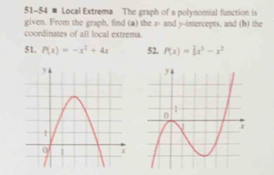 51-54 # Local Extrema The graph of a polynomial function is 
given. From the graph, find (a) the x - and y-intercepts, and (b) the 
coordinates of all local extrema. 
51. P(x)=-x^2+4x 52. P(x)=|x^3-x^2