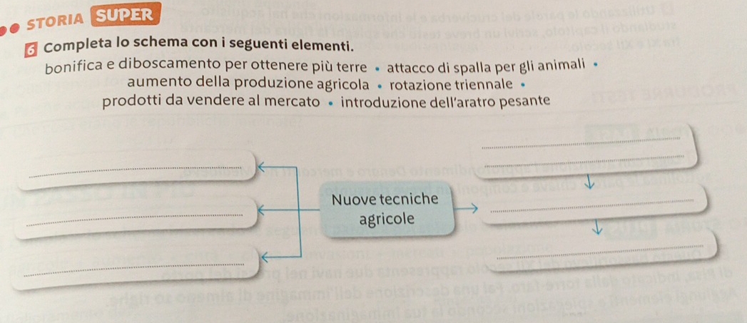 STORIA SUPeR 
Completa lo schema con i seguenti elementi. 
bonifica e diboscamento per ottenere più terre • attacco di spalla per gli animali 
aumento della produzione agricola • rotazione triennale • 
prodotti da vendere al mercato • introduzione dell’aratro pesante 
_ 
_ 
_ 
_ 
Nuove tecniche_ 
agricole 
_ 
_ 
_