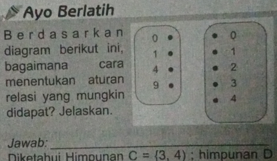 Ayo Berlatih 
Berd a s ark a n 
0 
diagram berikut ini, 1
1
bagaimana cara 4 2
menentukan aturan
9
3
relasi yang mungkin
4
didapat? Jelaskan. 
Jawab:_ 
Diketahuí Himpunan C= 3,4); himpunan D