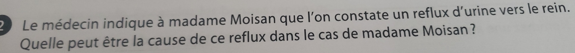 Le médecin indique à madame Moisan que l'on constate un reflux d'urine vers le rein. 
Quelle peut être la cause de ce reflux dans le cas de madame Moisan ?