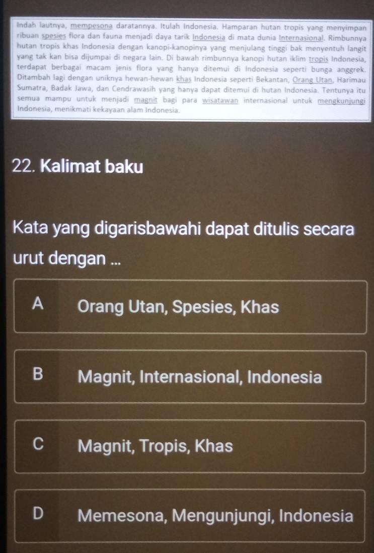 Indah lautnya, mempesona daratannya. Itulah Indonesia. Hamparan hutan tropis yang menyimpan
ribuan spesies flora dan fauna menjadi daya tarik Indonesia di mata dunia Internasional. Rimbunnya
hutan tropis khas Indonesia dengan kanopi-kanopinya yang menjulang tinggi bak menyentuh langit
yang tak kan bisa dijumpai di negara lain. Di bawah rimbunnya kanopi hutan iklim tropis Indonesia,
terdapat berbagai macam jenis flora yang hanya ditemui di Indonesia seperti bunga anggrek.
Ditambah lagi dengan uniknya hewan-hewan khas Indonesia seperti Bekantan, Orang Utan, Harimau
Sumatra, Badak Jawa, dan Cendrawasih yang hanya dapat ditemui di hutan Indonesia. Tentunya itu
semua mampu untuk menjadi magnit bagi para wisatawan internasional untuk mengkunjungi
Indonesia, menikmati kekayaan alam Indonesia.
22. Kalimat baku
Kata yang digarisbawahi dapat ditulis secara
urut dengan ...
A Orang Utan, Spesies, Khas
B Magnit, Internasional, Indonesia
C Magnit, Tropis, Khas
D Memesona, Mengunjungi, Indonesia