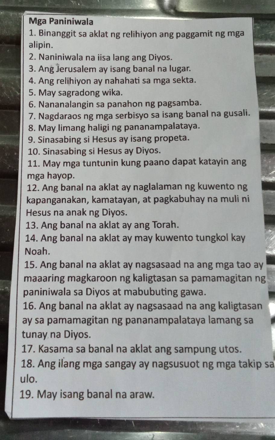 Solved: Mga Paniniwala 1. Binanggit sa aklat ng relihiyon ang paggamit ...