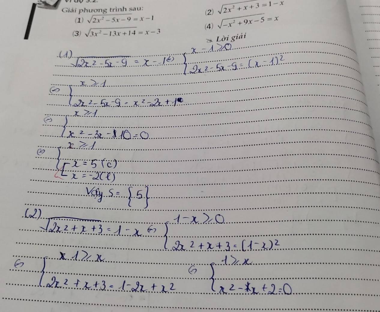 Giải phương trình sau: 
(1) sqrt(2x^2-5x-9)=x-1 (2) sqrt(2x^2+x+3=1-x)
(3) sqrt(3x^2-13x+14)=x-3 (4) sqrt(-x^2+9x-5)=x
Lời giải 
.(.d,)