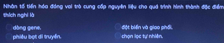 Nhân tố tiến hóa đóng vai trò cung cấp nguyên liệu cho quá trình hình thành đặc điểm
thích nghi là
dòng gene. đ ột biến và giao phối.
phiêu bạt di truyền. chọn lọc tự nhiên.