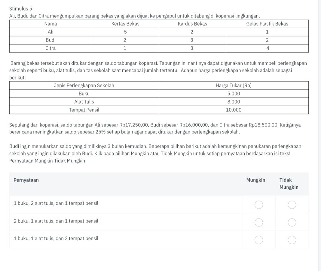 Stimulus 5 
Ali, Budi, dan Citra mengumpulkan barang bekas yang akan dijual ke pengepul untuk ditabung di koperasi lingkungan. 
Barang bekas tersebut akan ditukar dengan saldo tabungan koperasi. Tabungan ini nantinya dapat digunakan untuk membeli perlengkapan 
sekolah seperti buku, alat tulis, dan tas sekolah saat mencapai jumlah tertentu. Adapun harga perlengkapan sekolah adalah sebagai 
Sepulang dari koperasi, saldo tabungan Ali sebesar Rp17.250,00, Budi sebesar Rp16.000,00, dan Citra sebesar Rp18.500,00. Ketiganya 
berencana meningkatkan saldo sebesar 25% setiap bulan agar dapat ditukar dengan perlengkapan sekolah. 
Budi ingin menukarkan saldo yang dimilikinya 3 bulan kemudian. Beberapa pilihan berikut adalah kemungkinan penukaran perlengkapan 
sekolah yang ingin dilakukan oleh Budi. Klik pada pilihan Mungkin atau Tidak Mungkin untuk setiap pernyataan berdasarkan isi teks! 
Pernyataan Mungkin Tidak Mungkin