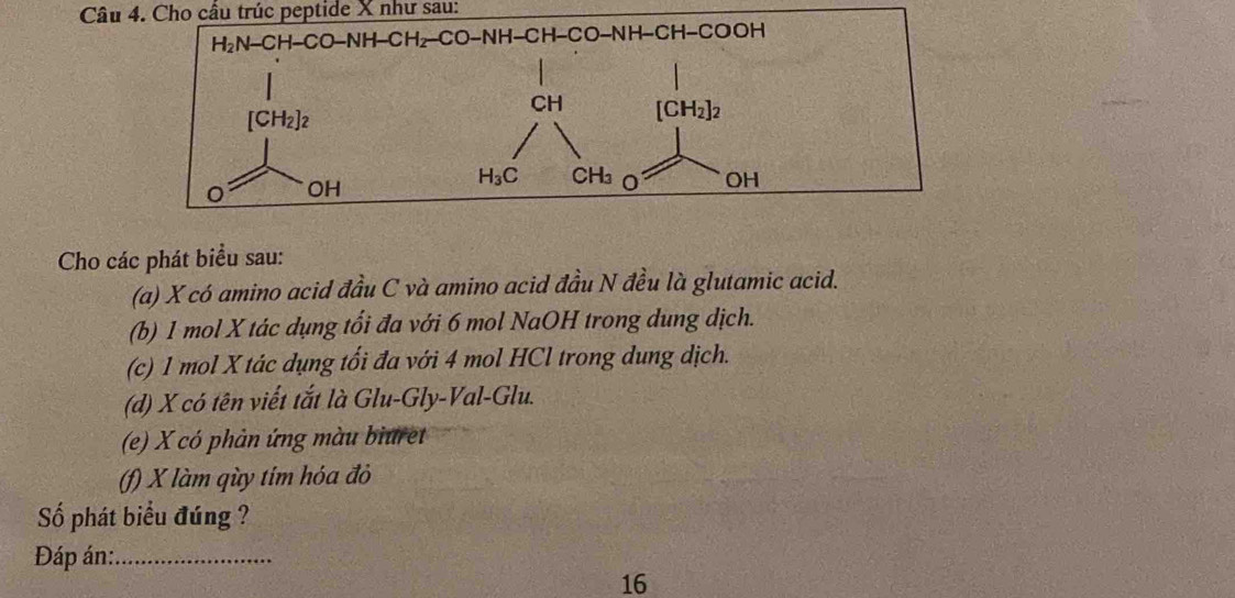 Cho cầu trúc peptide X như sau:
Cho các phát biểu sau:
(a) X có amino acid đầu C và amino acid đầu N đều là glutamic acid.
(b) 1 mol X tác dụng tổi đa với 6 mol NaOH trong dung dịch.
(c) 1 mol X tác dụng tối đa với 4 mol HCl trong dung dịch.
(d) X có tên viết tắt là Glu-Gly-Val-Glu.
(e) X có phản ứng màu biuret
(f) X làm qùy tím hóa đỏ
ố phát biểu đúng ?
Đáp án:_
16