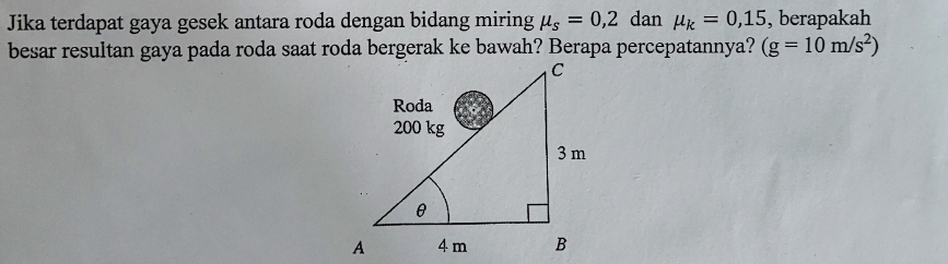 Jika terdapat gaya gesek antara roda dengan bidang miring mu _s=0,2 dan mu _k=0,15 , berapakah 
besar resultan gaya pada roda saat roda bergerak ke bawah? Berapa percepatannya? (g=10m/s^2)