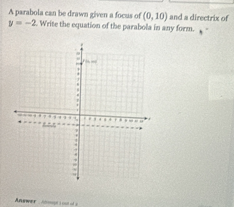 A parabola can be drawn given a focus of (0,10) and a directrix of
y=-2. Write the equation of the parabola in any form.
Answer  Abenpt t out of a