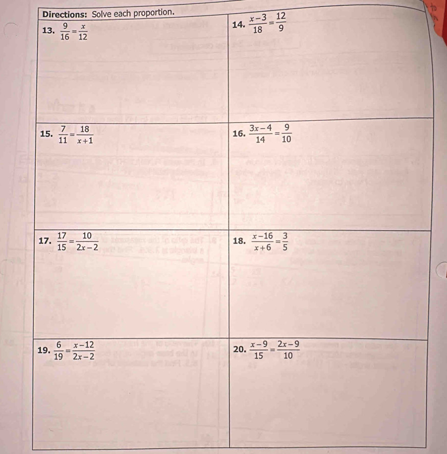 Directions: Solve each proportion.
 (x-3)/18 = 12/9 