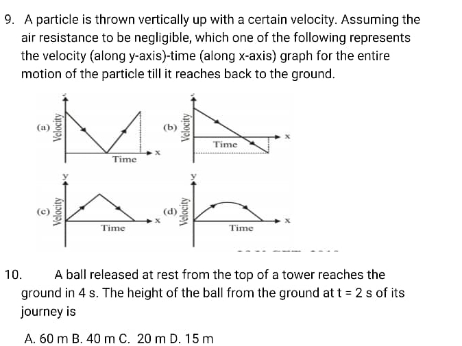 A particle is thrown vertically up with a certain velocity. Assuming the
air resistance to be negligible, which one of the following represents
the velocity (along y-axis)-time (along x-axis) graph for the entire
motion of the particle till it reaches back to the ground.
(a) (
x
Time
y
y
(c) ξ (d) ξ
x
x
Time Time
10. A ball released at rest from the top of a tower reaches the
ground in 4 s. The height of the ball from the ground at t=2s of its
journey is
A. 60 m B. 40 m C. 20 m D. 15 m