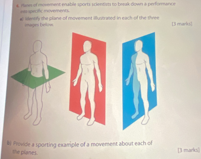 Planes of movement enable sports scientists to break down a performance 
into specific movements. 
a) identify the plane of movement illustrated in each of the three 
images below. [3 marks] 
b) Provide a sporting example of a movement about each of 
the planes. 
[3 marks]