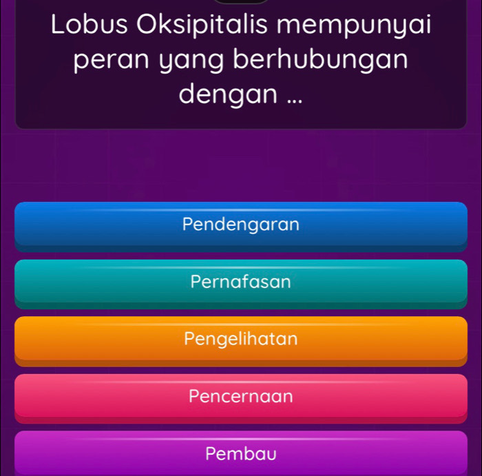 Lobus Oksipitalis mempunyai
peran yang berhubungan
dengan ...
Pendengaran
Pernafasan
Pengelihatan
Pencernaan
Pembau