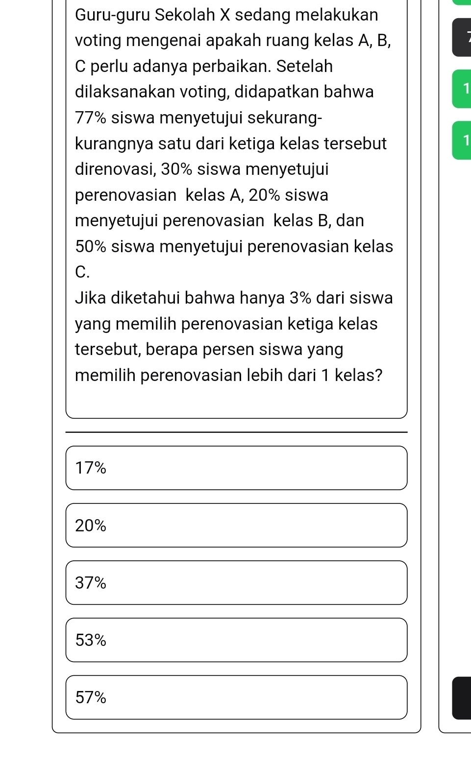 Guru-guru Sekolah X sedang melakukan
voting mengenai apakah ruang kelas A, B,

C perlu adanya perbaikan. Setelah
dilaksanakan voting, didapatkan bahwa
1
77% siswa menyetujui sekurang-
kurangnya satu dari ketiga kelas tersebut
1
direnovasi, 30% siswa menyetujui
perenovasian kelas A, 20% siswa
menyetujui perenovasian kelas B, dan
50% siswa menyetujui perenovasian kelas
C.
Jika diketahui bahwa hanya 3% dari siswa
yang memilih perenovasian ketiga kelas
tersebut, berapa persen siswa yang
memilih perenovasian lebih dari 1 kelas?
17%
20%
37%
53%
57%